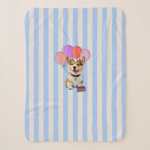 Blauw en beige gestreepte Corgi-verjaardagsfeestje Sherpa Deken