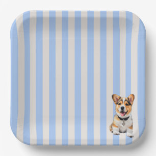 Blauw En Beige Gestreepte Speelse Corgi Hond Liefh Papieren Bordje