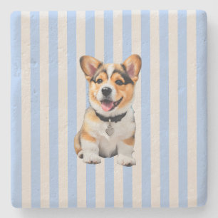 Blauw En Beige Gestreepte Speelse Corgi Hondenlief Stenen Onderzetter