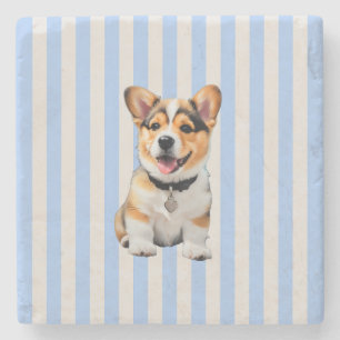 Blauw En Beige Gestreepte Speelse Corgi Hondenlief Stenen Onderzetter