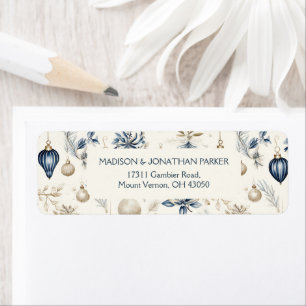 Blauw en beige Kerst Ornamenten Patroon Etiket