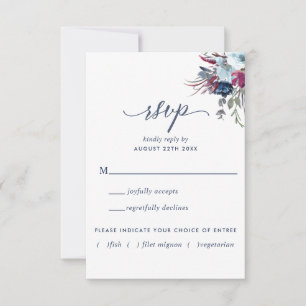 Blauw en Berry Bloemen w / zonder Maaltijden Optie RSVP Kaartje