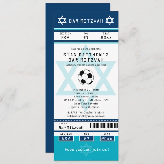 Blauw en Blauwgroen Bar Mitswa Voetbal Uitnodiging (Voorkant / Achterkant)