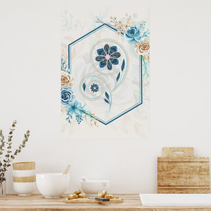 Blauw en Blauwgroen Floral Graphic, "Het leven rev Poster