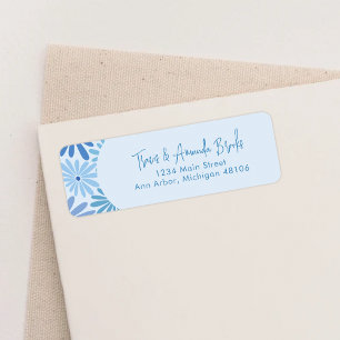 Blauw en Blauwgroen Retro Floral Groovy Retouradre Etiket