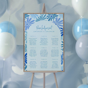 Blauw en Blauwgroen Retro Floral Zitplaatskaart Po Poster