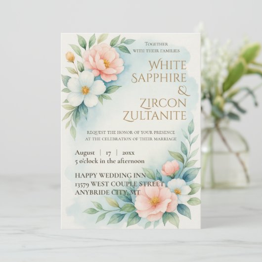 Blauw en blos Bloemen bruiloft uitnodiging (Staand voorkant)