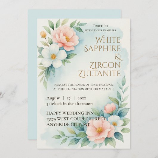 Blauw en blos Bloemen bruiloft uitnodiging (Voorkant / Achterkant)
