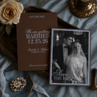 Blauw en bruiloft in luxe stijl met oud geld save the date