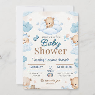 Blauw en bruin aquarel babyshower uitnodiging