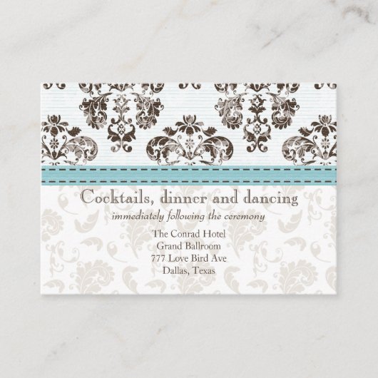 Blauw en Bruin Damask bruiloft receptie Ca Informatiekaartje (Voorkant)