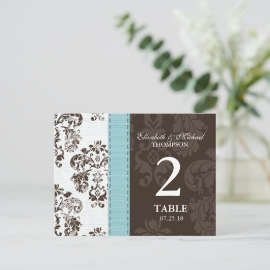 Blauw en bruin Damask Trouwtafel Nummer Briefkaart (Staand voorkant)