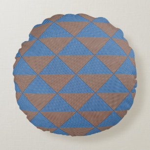 Blauw en bruin geometrisch diamantpatroon Modern Rond Kussen