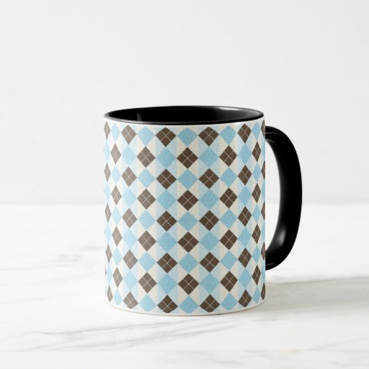 Blauw en bruin klassiek argyle-patroon mok (Voorkant rechts)