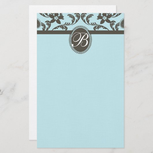 Blauw en Bruin Paisley Bloemmonogram Briefpapier (Voorkant / Achterkant)
