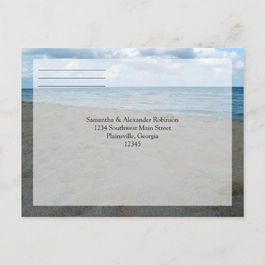 Blauw en Bruin Zanden ~ Strand Bruiloft RSVP Antwo Uitnodiging Briefkaart (Achterkant)