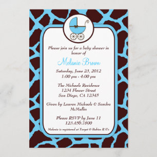 Blauw en bruine Giraffe Afdrukken Baby shower Uitn Kaart