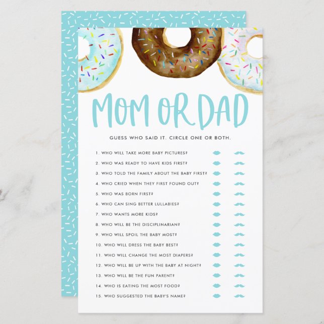 Blauw en chocolade Donuts mam of pap Shower Game (Voorkant / Achterkant)