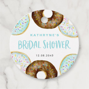 Blauw en Chocolade Spat Donuts Bruidsuitnodiging Bedankjes Labels