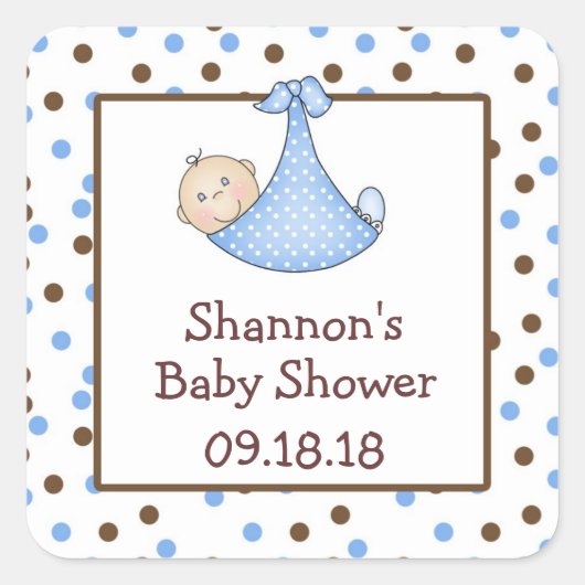 Blauw en Chocoladebruin Baby shower Favor Vierkante Sticker (Voorkant)