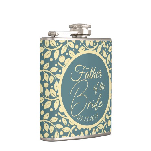 Blauw en Crème Blad Patroon Vader van de Bruid Heupfles (Rechts)