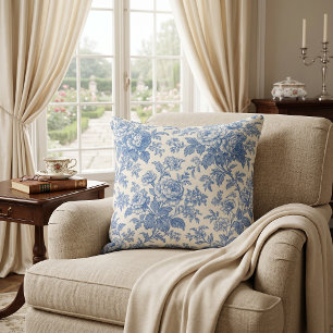 Blauw en Crème Bloemmotief Toile de Jouy Kussen