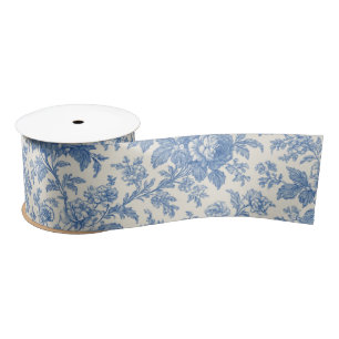 Blauw en Crème Bloemmotief Toile de Jouy Lint
