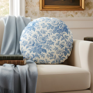 Blauw en Crème Bloemmotief Toile de Jouy Rond Kussen