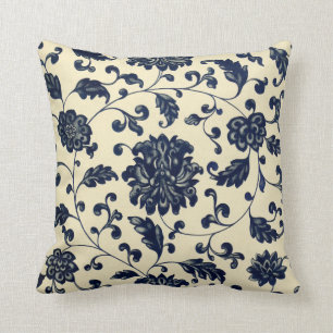 Blauw en Crème Bloemmotief Vintage Stijl Kussen
