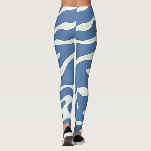 Blauw en crème Modern Abstract Wavy Lines Patroon Leggings (Achterkant)