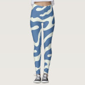 Blauw en crème Modern Abstract Wavy Lines Patroon Leggings (Voorkant)
