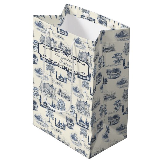 Blauw en crème tegel gefeliciteerd medium cadeauzakje (Voorkant Gekanteld)