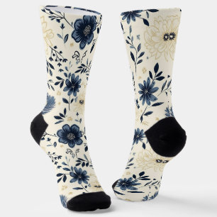 Blauw en Crème Volks Kunst Bloemrijke Weide Sokken