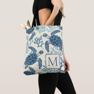 Blauw en Crème Zee Schildpadden Monogram Draagtas