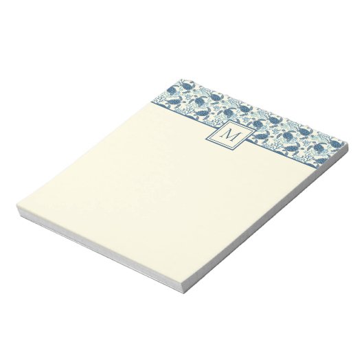Blauw en crème Zee Turtle Monogram Notitieblok (Gedraaid)