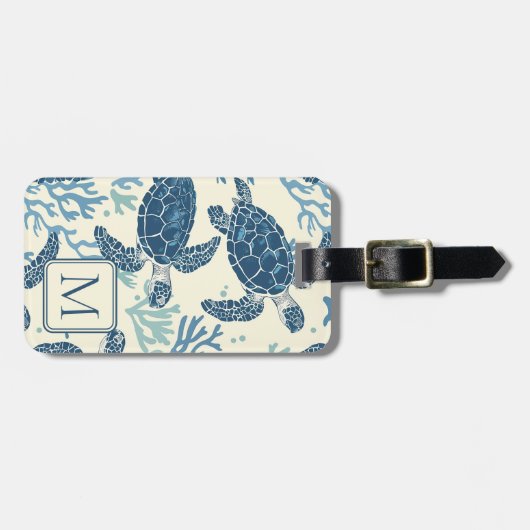 Blauw en crème Zee Turtles Monogram Bagagelabel (Voorkant horizontaal)
