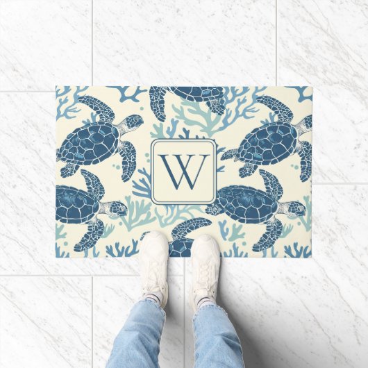 Blauw en crème Zee Turtles Monogram Deurmat (Binnen)
