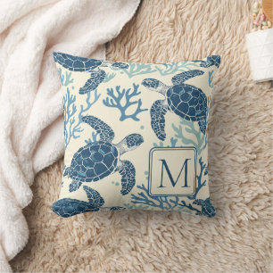 Blauw en crème Zee Turtles Monogram Kussen