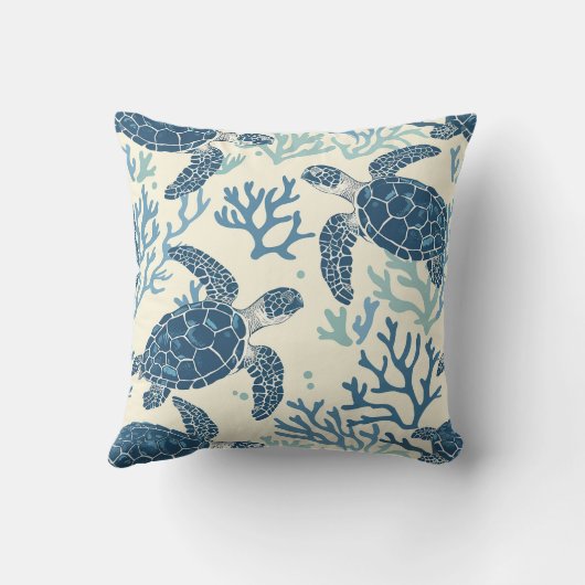 Blauw en crème Zee Turtles Monogram Kussen (Achterkant)