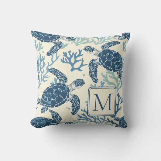 Blauw en crème Zee Turtles Monogram Kussen (Voorkant)