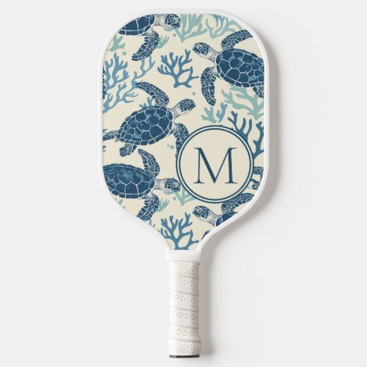 Blauw en crème Zee Turtles Monogram Pickleball Paddle (Voorkant)