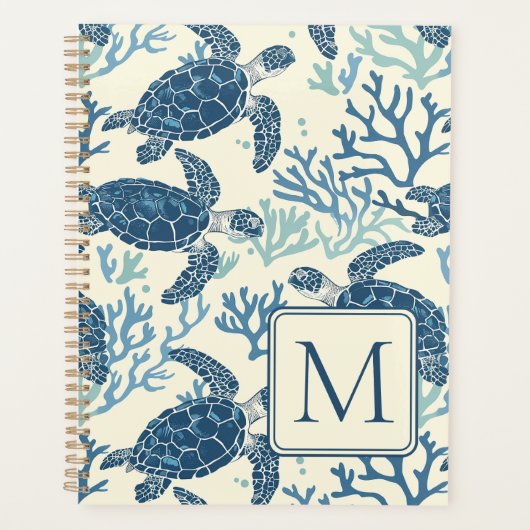 Blauw en crème Zee Turtles Monogram Planner (Voorkant)