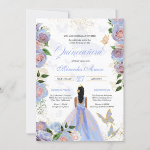 Blauw en dubbelroze rozen Butterfly Quinceanera Kaart