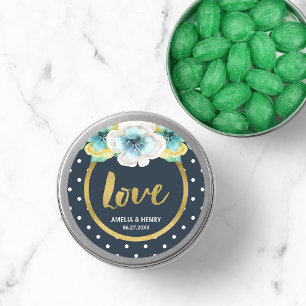 Blauw en Faux Gold, Waterverf Floral Wedding Love Ronde Sticker