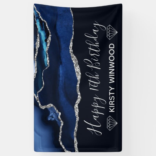 Blauw en Faux Silver Glitter Agate Sweet 16 Spandoek (Verticaal)