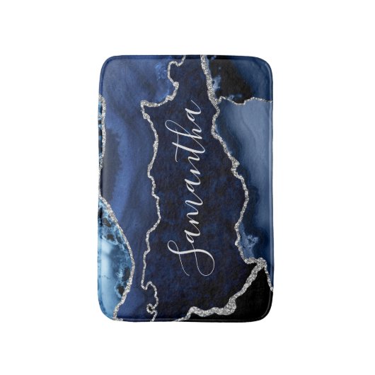 Blauw en Faux Silver Glitter Marble Agate Badmat (Voorkant Verticaal)