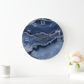 Blauw en Faux Silver Glitter Marble Agate Grote Klok (Huis)