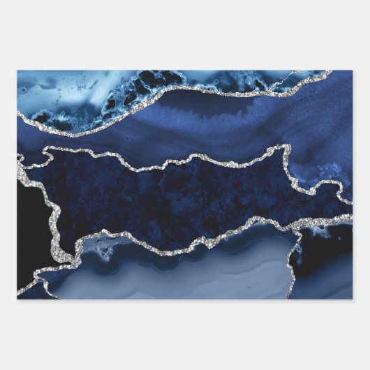 Blauw en Faux Silver Glitter Marble Agate Inpakpapier Vel (Voorkant)