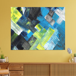 Blauw en Geel Abstracte Penseelstreek Geometrisch Canvas Afdruk