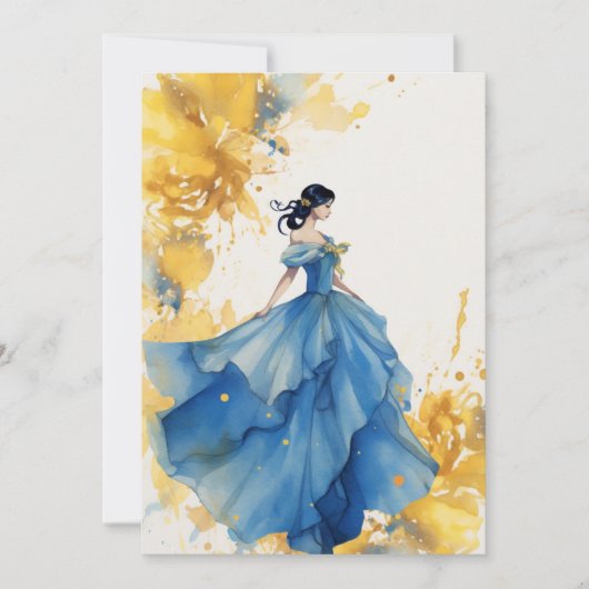 Blauw en Geel Aquarel Quinceanera Uitnodiging (Voorkant)